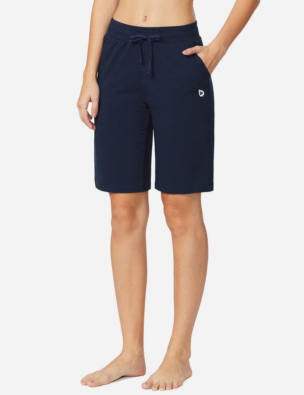 Baleaf Women's Mid-Rise Cotton Pocketed Bermuda Shorts abh104 Dark Blue Front