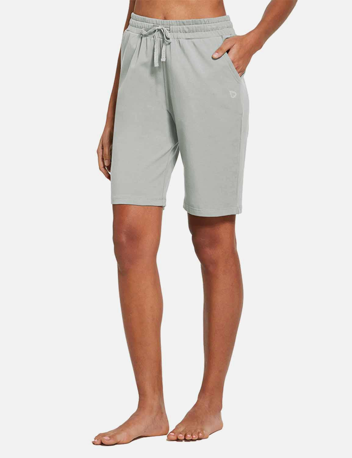 Baleaf Women's Cotton Pocketed Bermuda Jogger & Weekend Shorts abh104 Light Gray Side