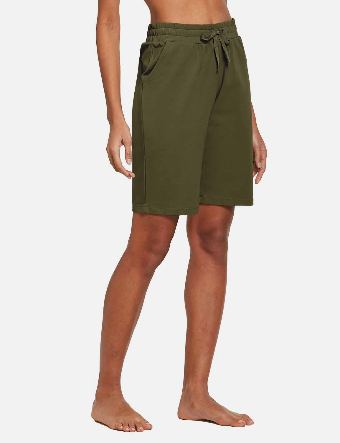 Baleaf Women's Cotton Pocketed Bermuda Jogger & Weekend Shorts abh104 Dark Olive Side