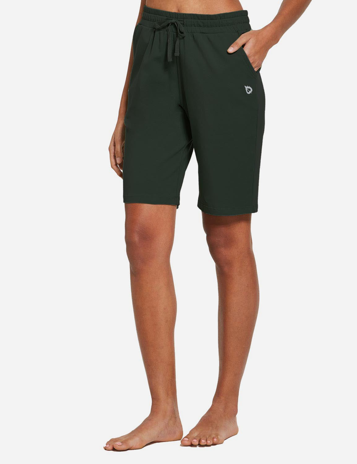 Baleaf Women's Cotton Pocketed Bermuda Jogger & Weekend Shorts abh104 Army Green Front