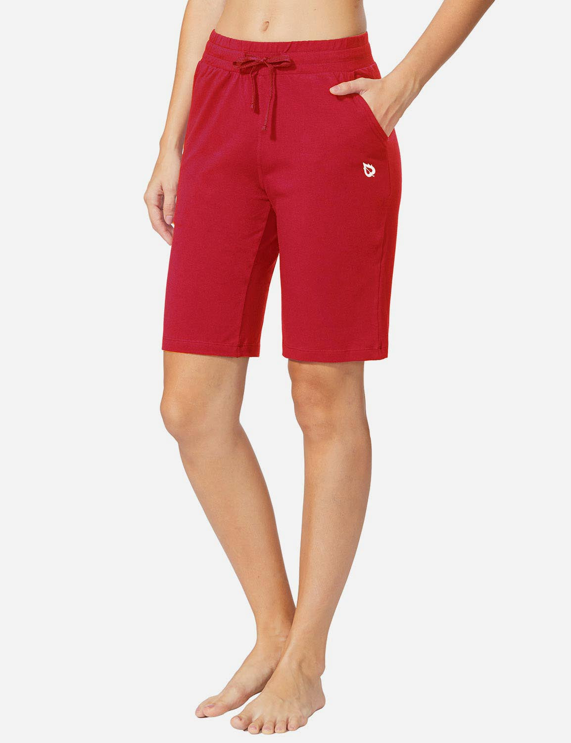 Baleaf Women's Mid-Rise Cotton Pocketed Bermuda Shorts abh104 Rose Red Front