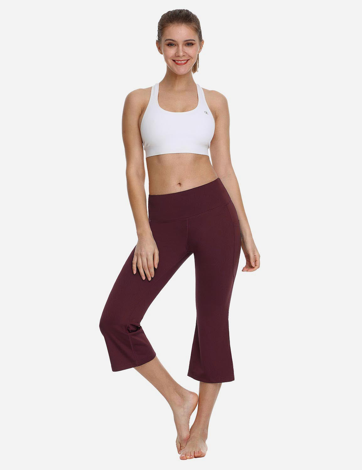 Baleaf Women Mid Rise Side & Hidden Pocketed Bootleg Basic Capris abh111 Ruby Wine Full