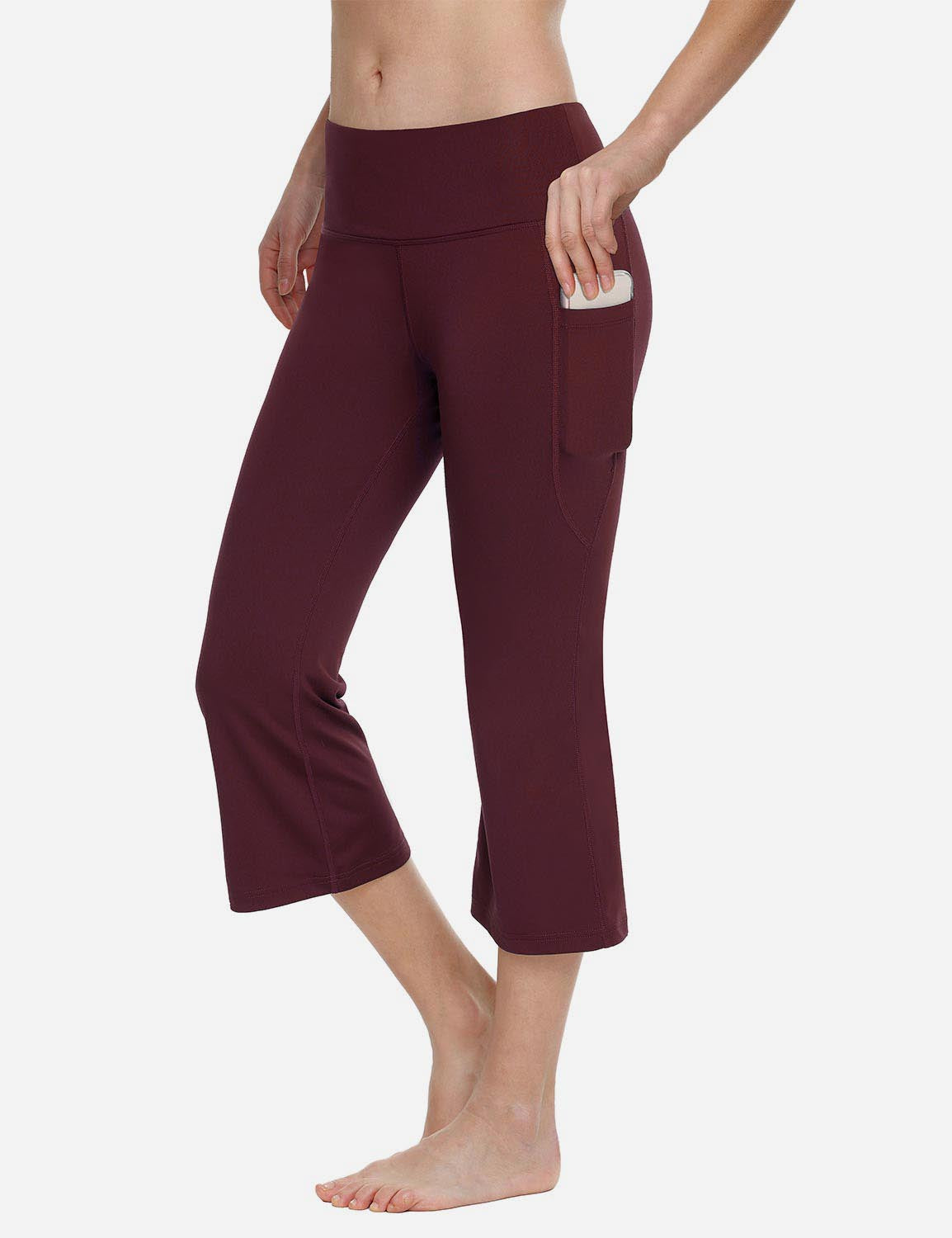 Baleaf Women Mid Rise Side & Hidden Pocketed Bootleg Basic Capris abh111 Ruby Wine Side