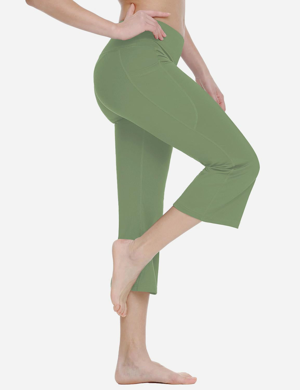 Baleaf Women Mid Rise Side & Hidden Pocketed Bootleg Basic Capris abh111 Olive Green Side