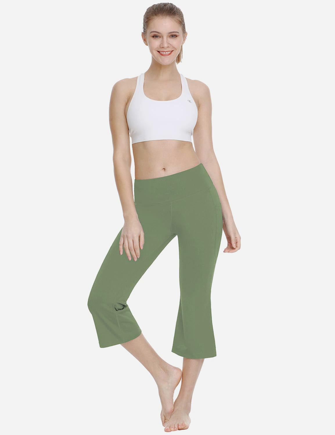 Baleaf Women Mid Rise Side & Hidden Pocketed Bootleg Basic Capris abh111 Olive Green Full