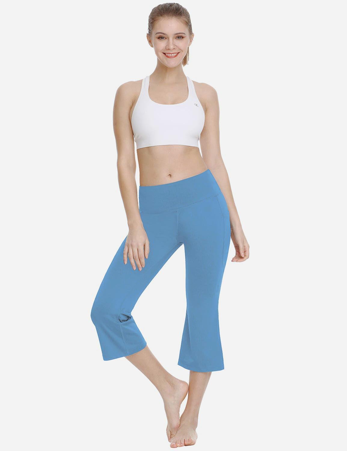 Baleaf Women Mid Rise Side & Hidden Pocketed Bootleg Basic Capris abh111 Niagara Full