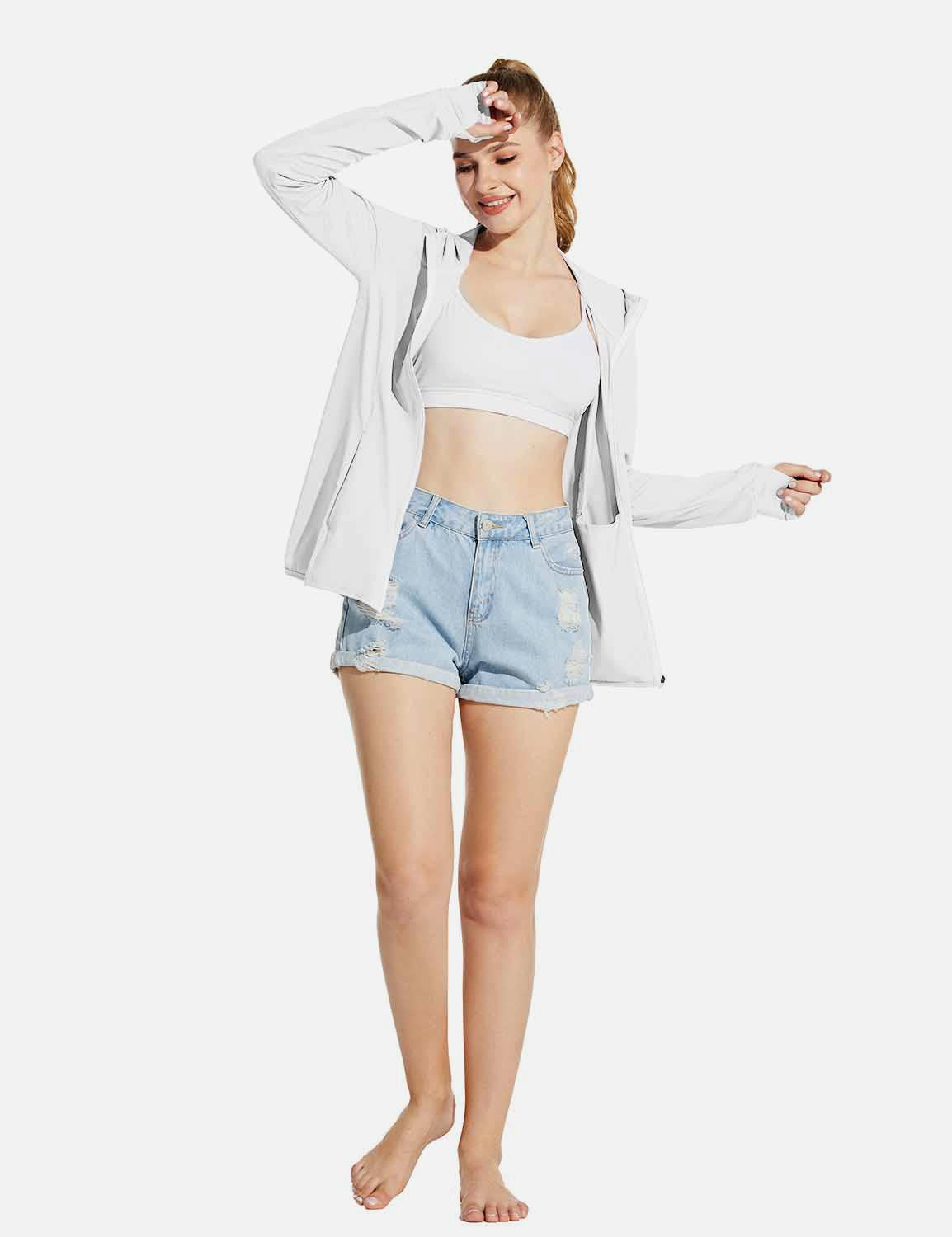 Baleaf Women's UPF50+ Full-Zip Long Sleeved Hoodie w Thumbholes acg057 White Full