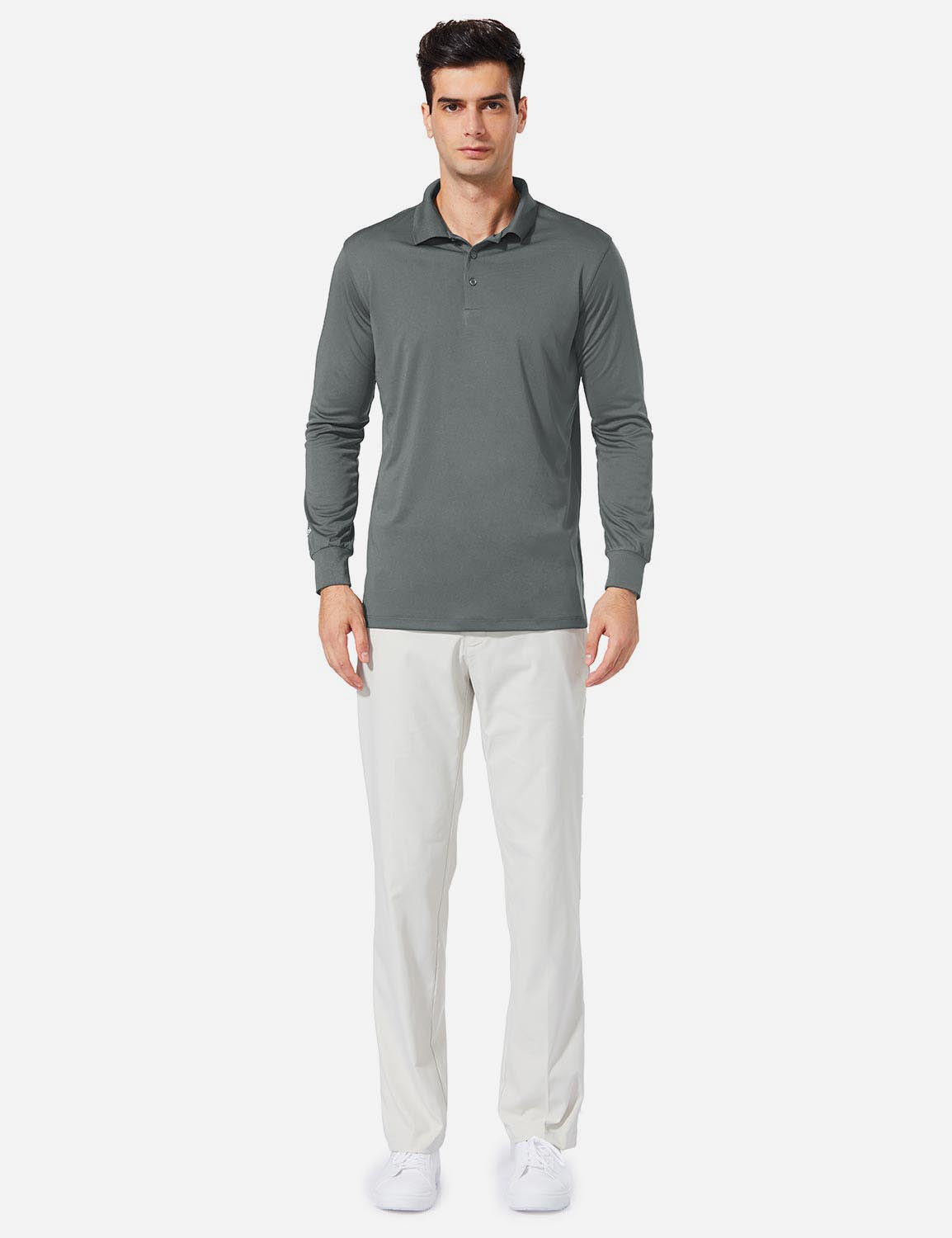Baleaf Mens UPF50+ Button Up Long Sleeved Cuffed Polo Golf afa002 Dark Gray Full