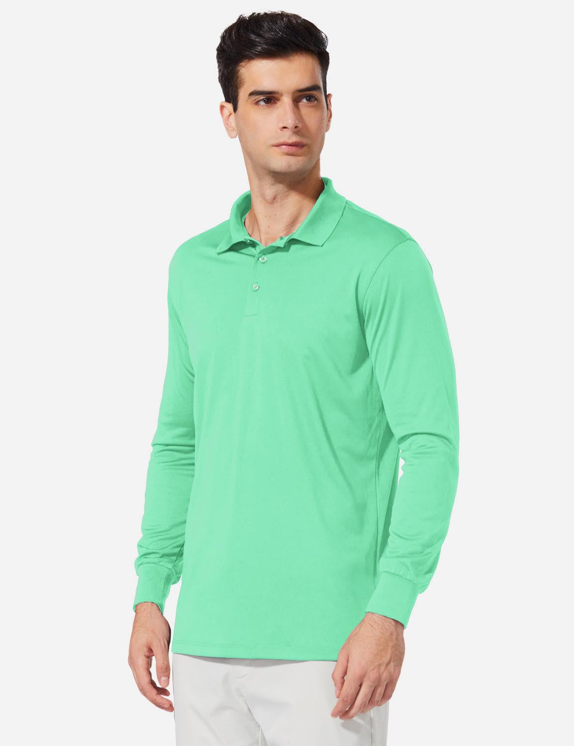 Baleaf Mens UPF50+ Button Up Long Sleeved Cuffed Polo Golf afa002 Light Green Side