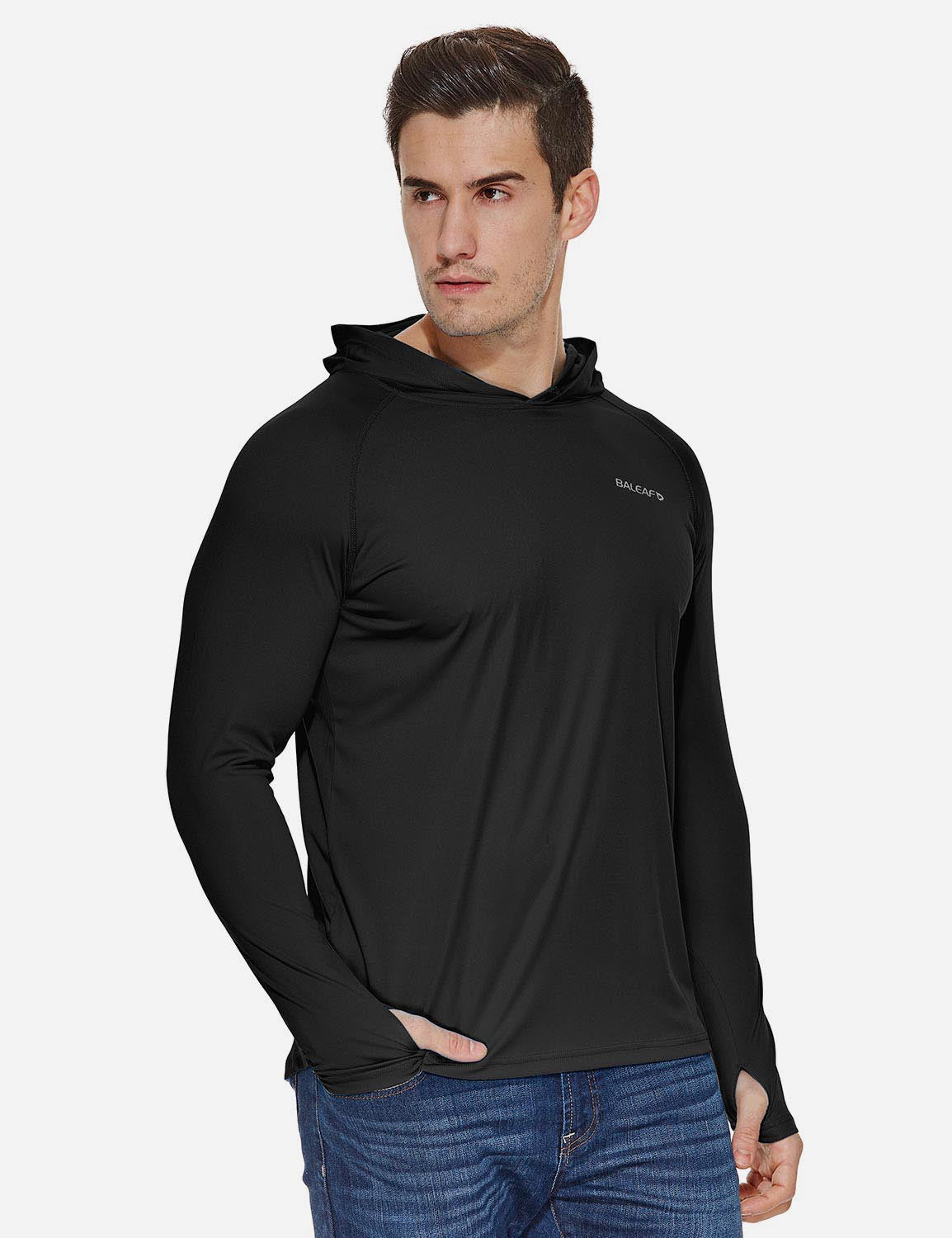 Baleaf Men's UPF50+ Hooded & Thumbhole Comfort Fit Long Sleeved Shirt aga030 Black Side