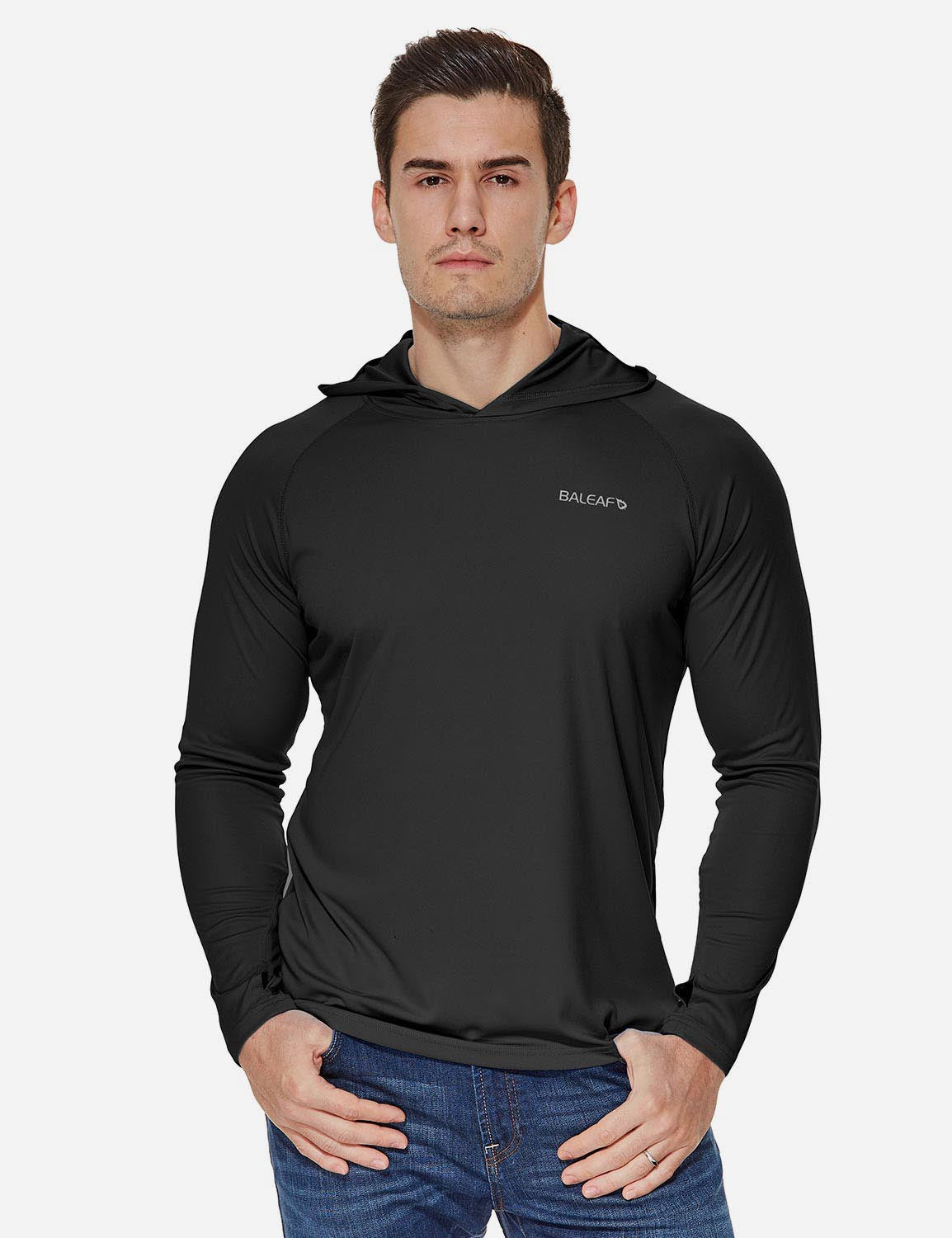 Baleaf Men's UPF50+ Hooded & Thumbhole Comfort Fit Long Sleeved Shirt aga030 Black Front