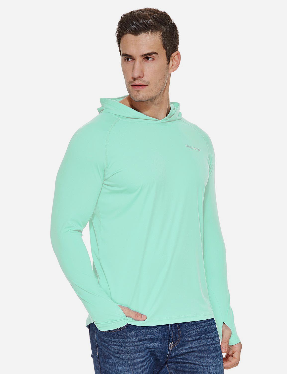 Baleaf Men's UPF50+ Hooded & Thumbhole Comfort Fit Long Sleeved Shirt aga030 Light Green Side