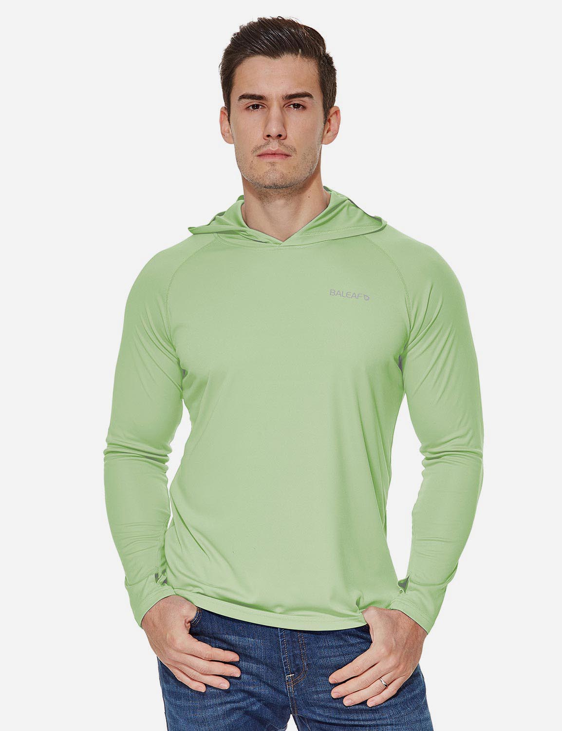 Baleaf Men's UPF50+ Hooded & Thumbhole Comfort Fit Long Sleeved Shirt aga030 Pale Green Front