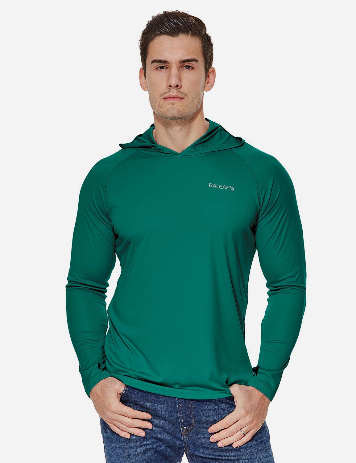 Baleaf Men's UPF50+ Hooded & Thumbhole Comfort Fit Long Sleeved Shirt aga030 Emerald Front