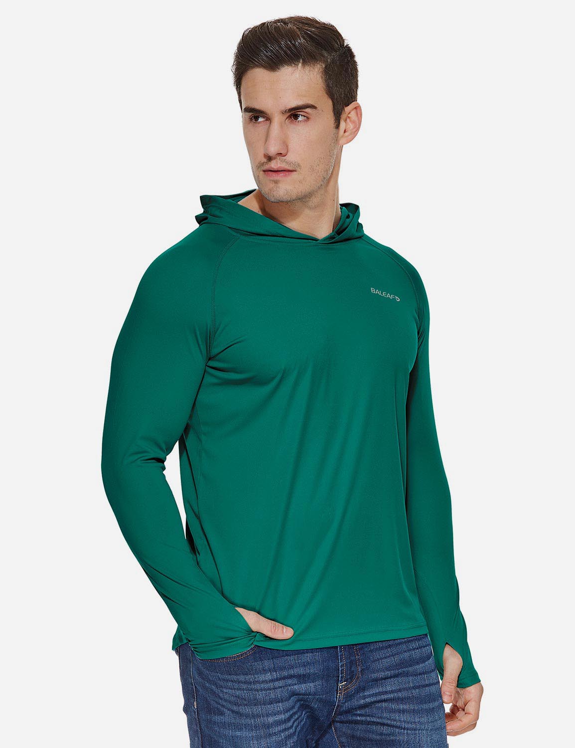 Baleaf Men's UPF50+ Hooded & Thumbhole Comfort Fit Long Sleeved Shirt aga030 Emerald Side
