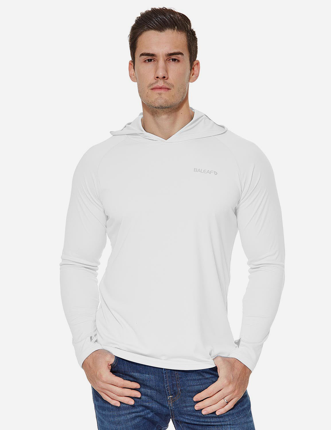 Baleaf Men's UPF50+ Hooded & Thumbhole Comfort Fit Long Sleeved Shirt aga030 White Front