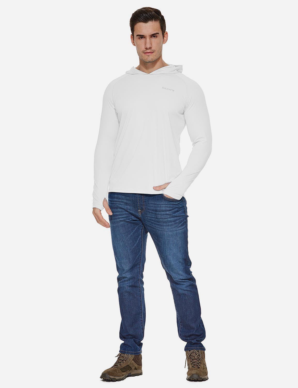 Baleaf Men's UPF50+ Hooded & Thumbhole Comfort Fit Long Sleeved Shirt aga030 White Full