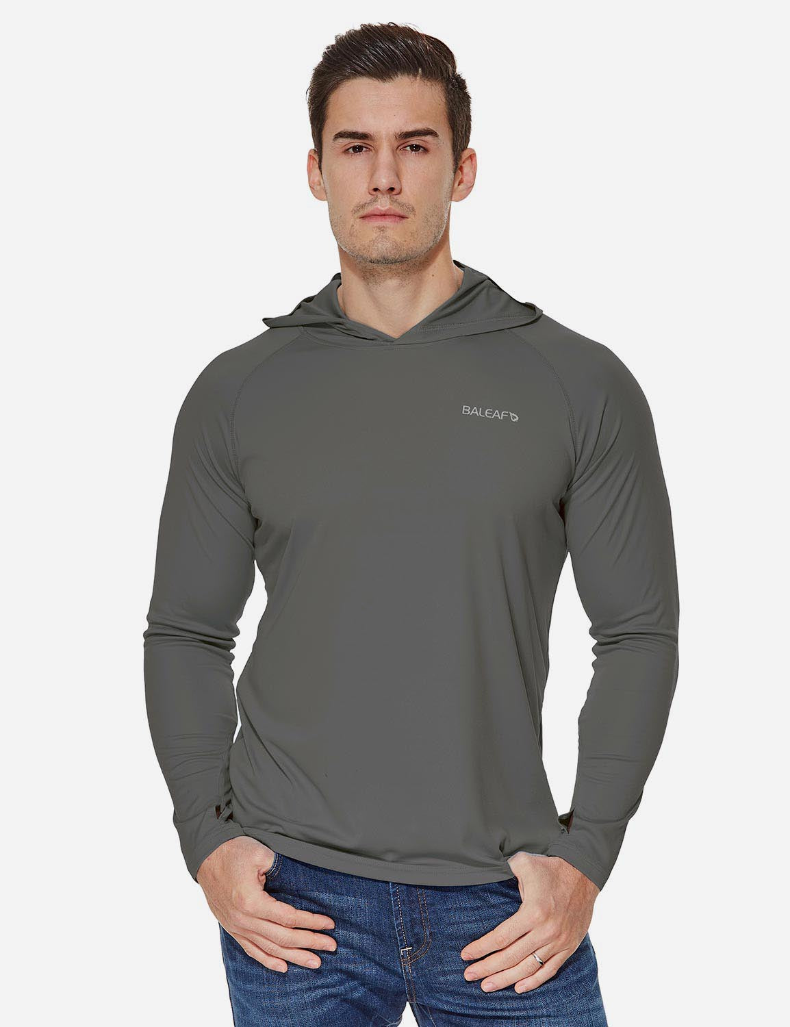 Baleaf Men's UPF50+ Hooded & Thumbhole Comfort Fit Long Sleeved Shirt aga030 Deep Gray Front