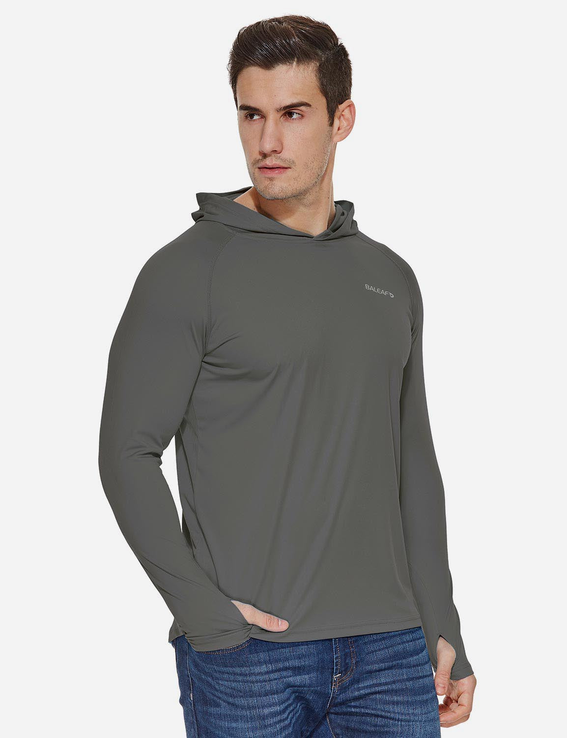 Baleaf Men's UPF50+ Hooded & Thumbhole Comfort Fit Long Sleeved Shirt aga030 Deep Gray Side