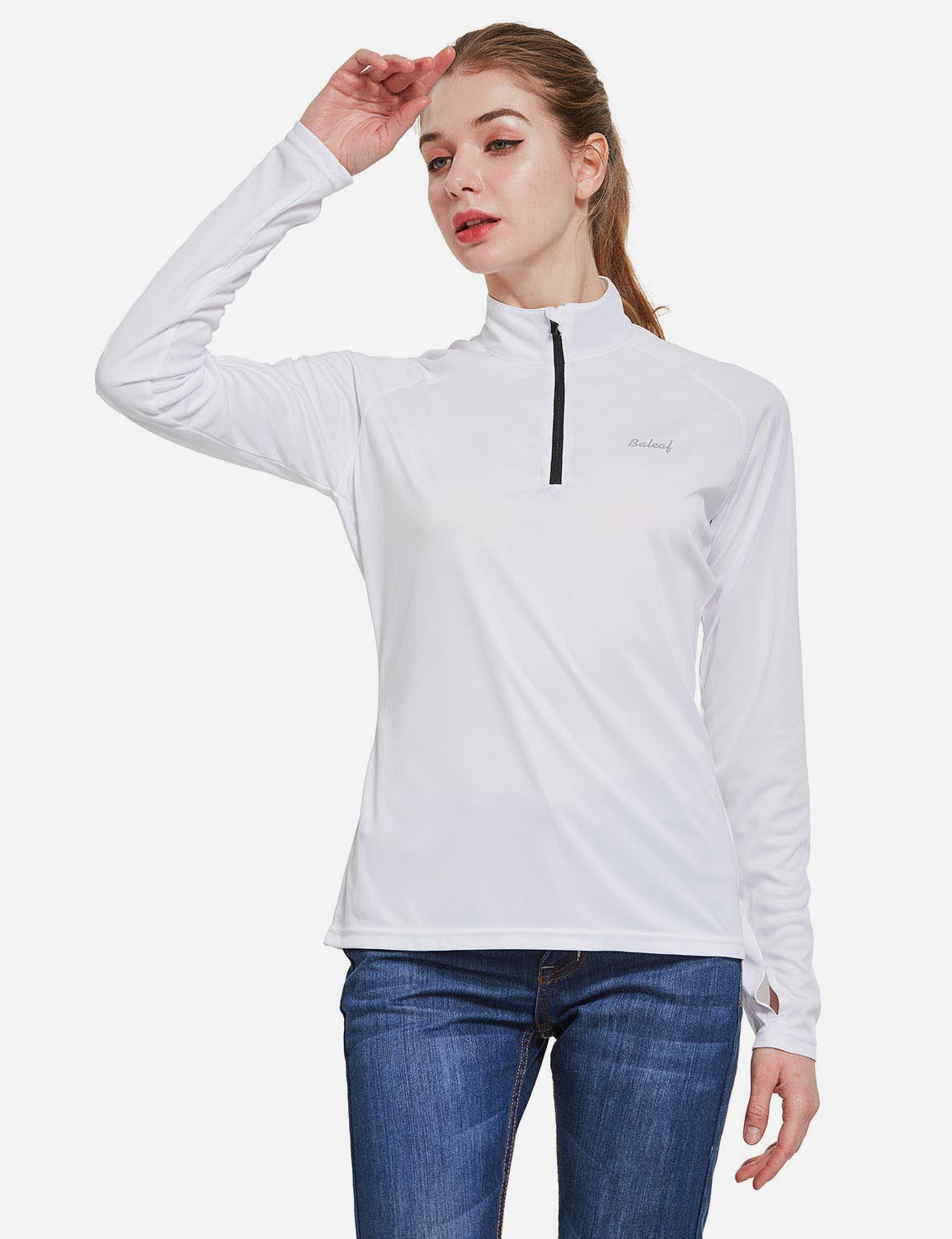 Baleaf Women's UP50+ Collared Long Sleeved Tshirt w Thumbholes aga065 White Side