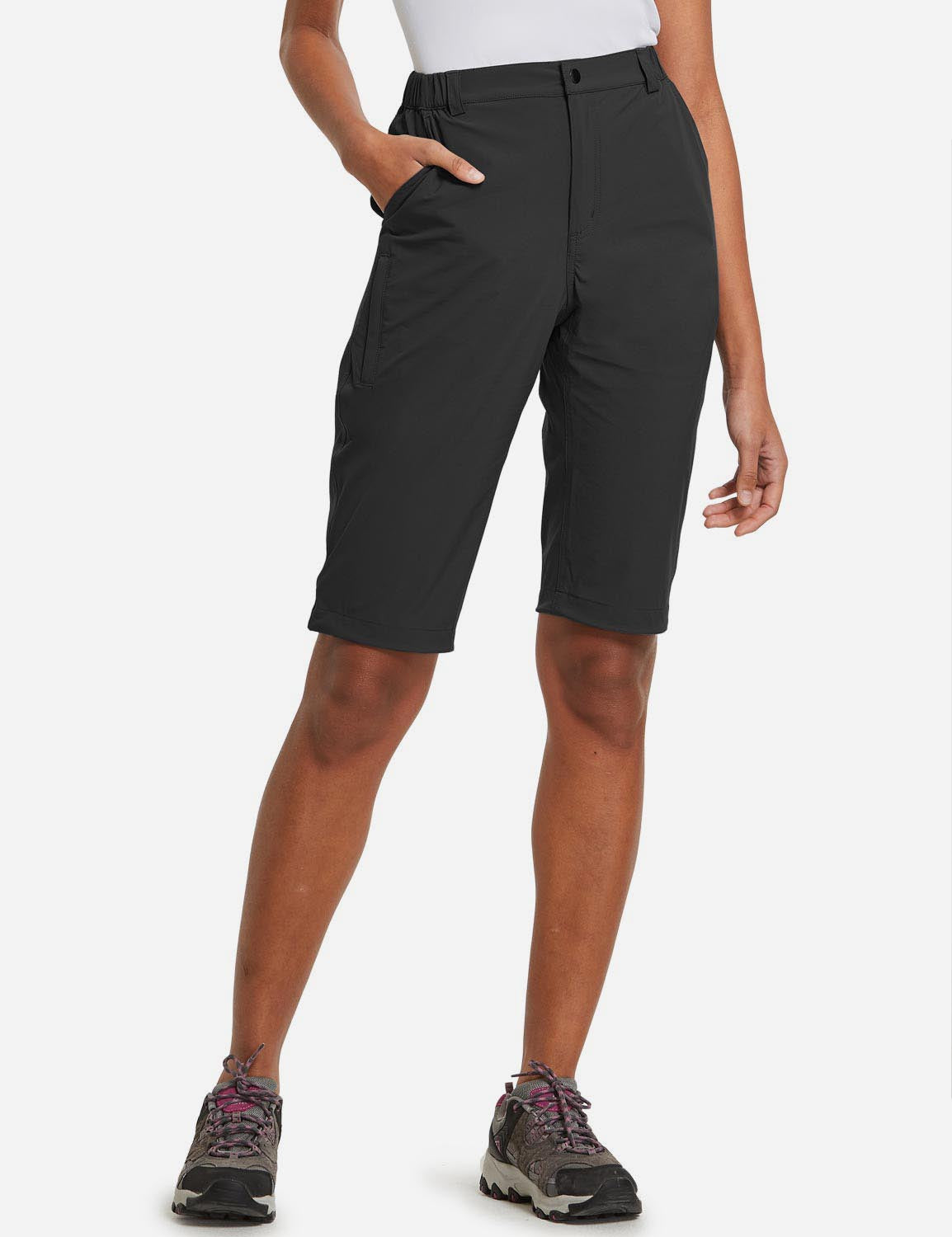 Baleaf Women's UPF50+ Quick Dry DWR Knee High Outdoor Shorts agb035 Black Front