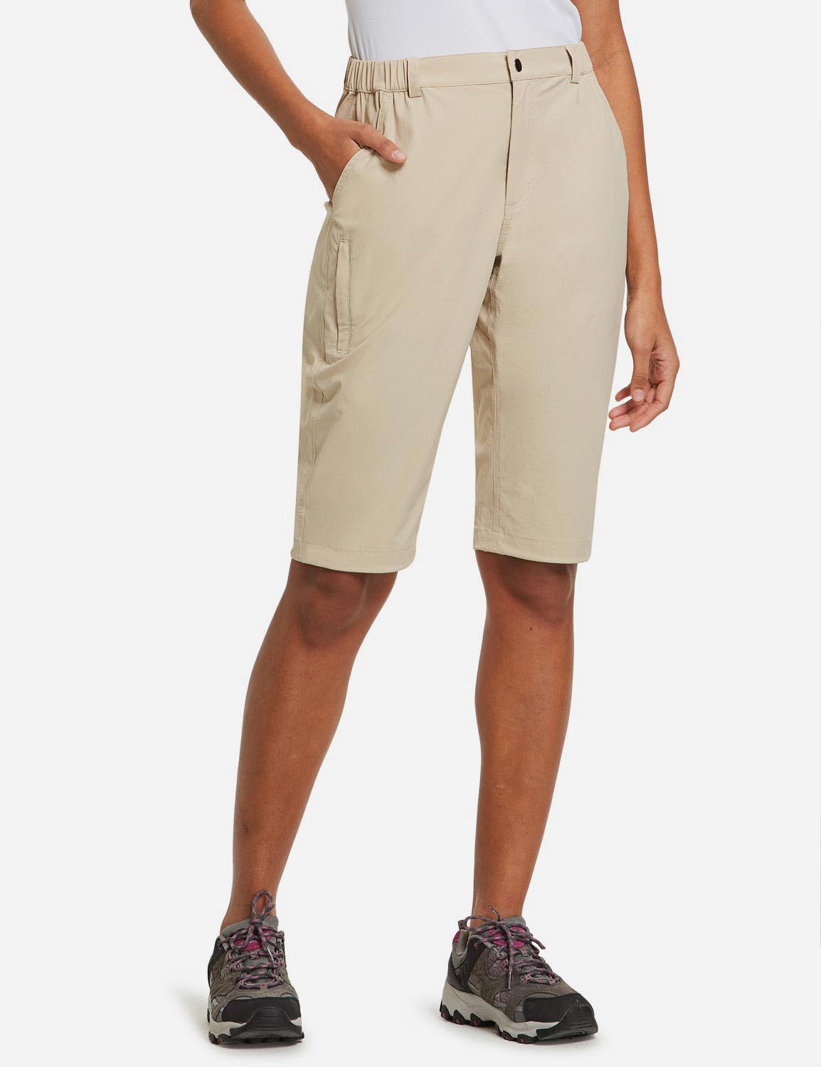 Baleaf Women's UPF50+ Quick Dry DWR Knee High Outdoor Shorts agb035 Khaki Front