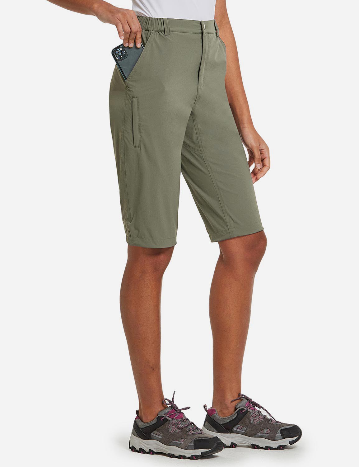 Baleaf Women's UPF50+ Quick Dry DWR Knee High Outdoor Shorts agb035 Sage Green Side