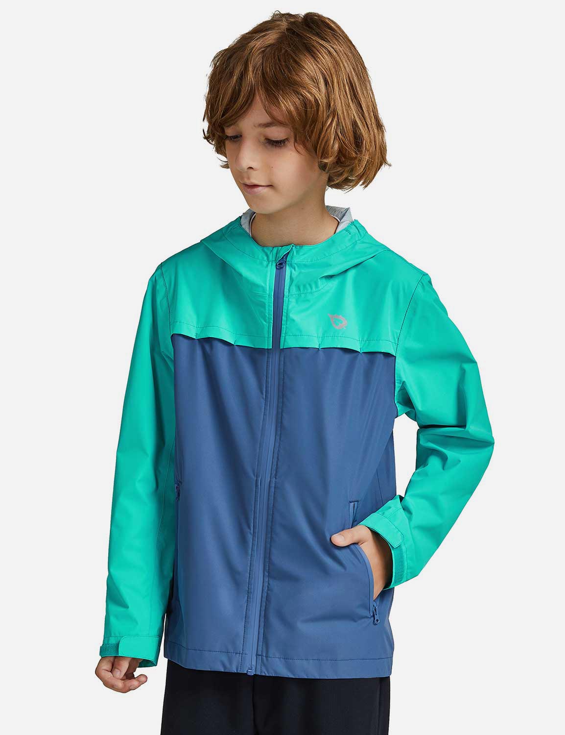 Baleaf Kid's Waterproof Outdoor Hooded Cycling Rain Jacket cai037 Navy/Green Front