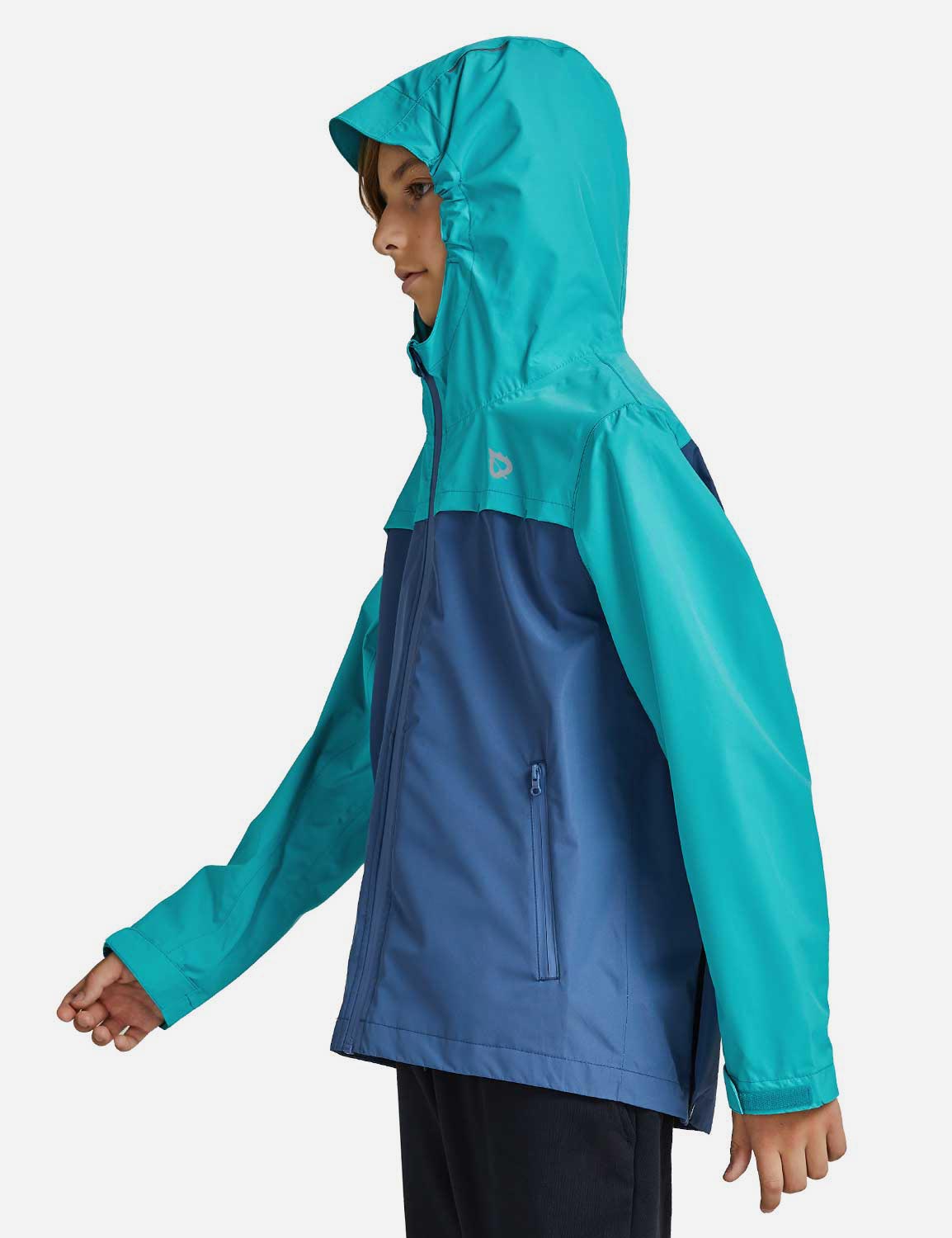 Baleaf Kid's Waterproof Outdoor Hooded Cycling Rain Jacket cai037 Navy/Green Side