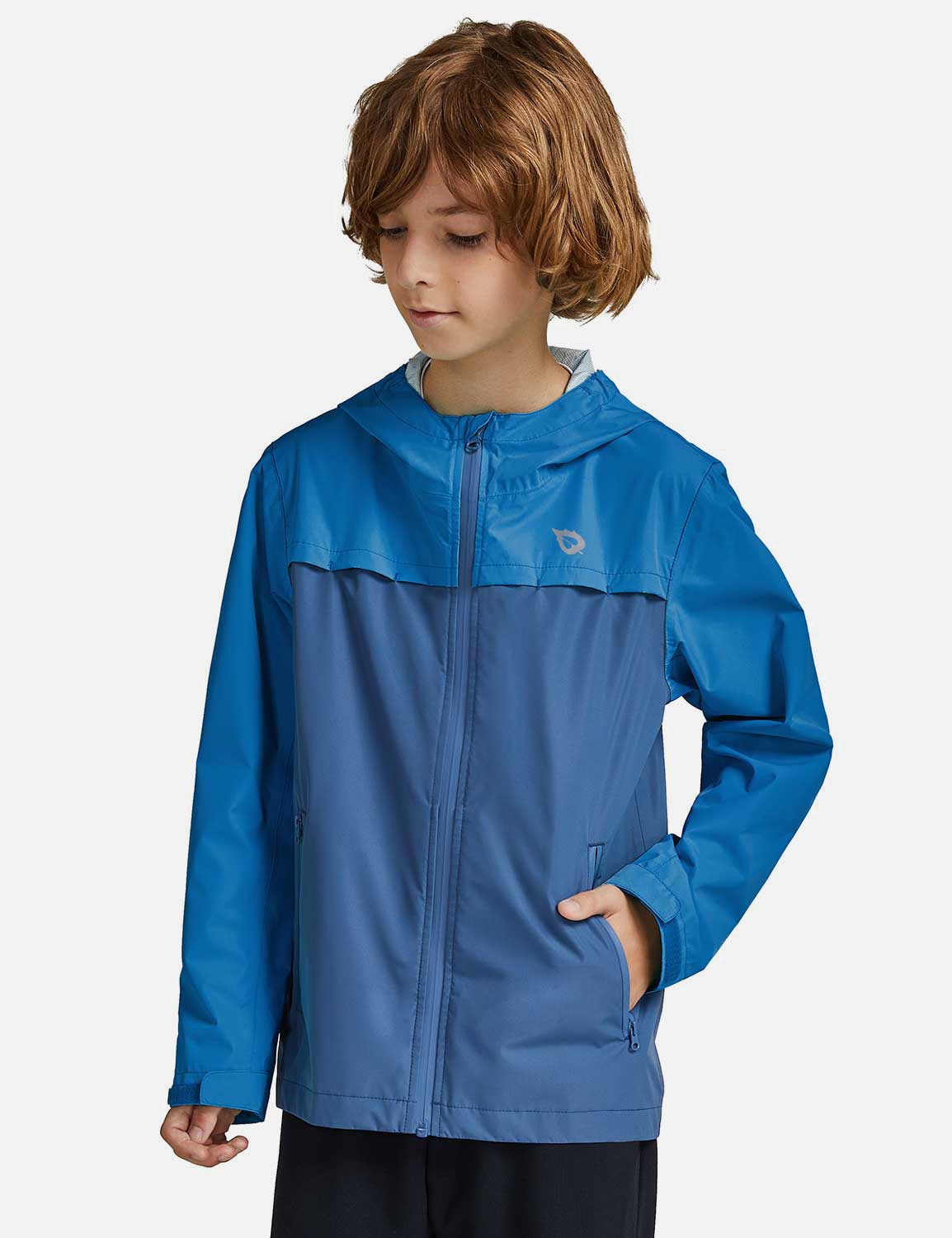 Baleaf Kid's Waterproof Outdoor Hooded Cycling Rain Jacket cai037 Navy/Blue Front