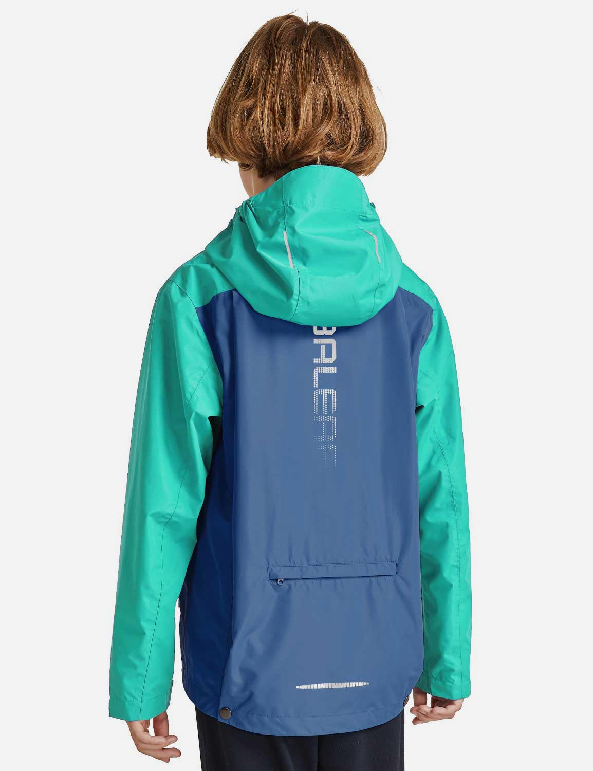 Baleaf Kid's Waterproof Outdoor Hooded Cycling Rain Jacket cai037 Navy/Green Back