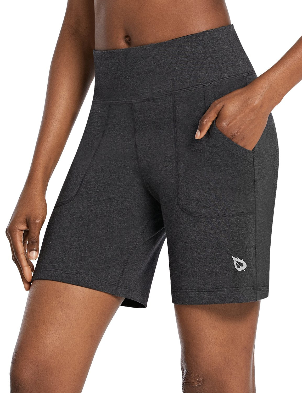 Baleaf Women's High Rise Athletic Relaxed Fit Pocketed Shorts Dark Gray Side
