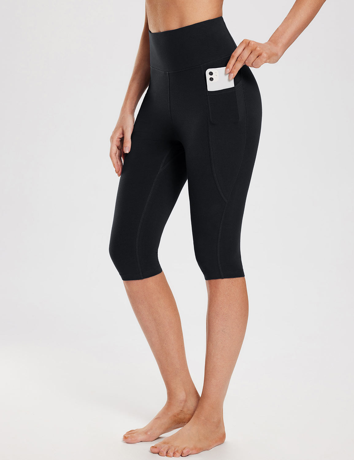 #Baleaf Women's High Rise Knee-length Pocketed Capris Anthracite with Phone Pocket