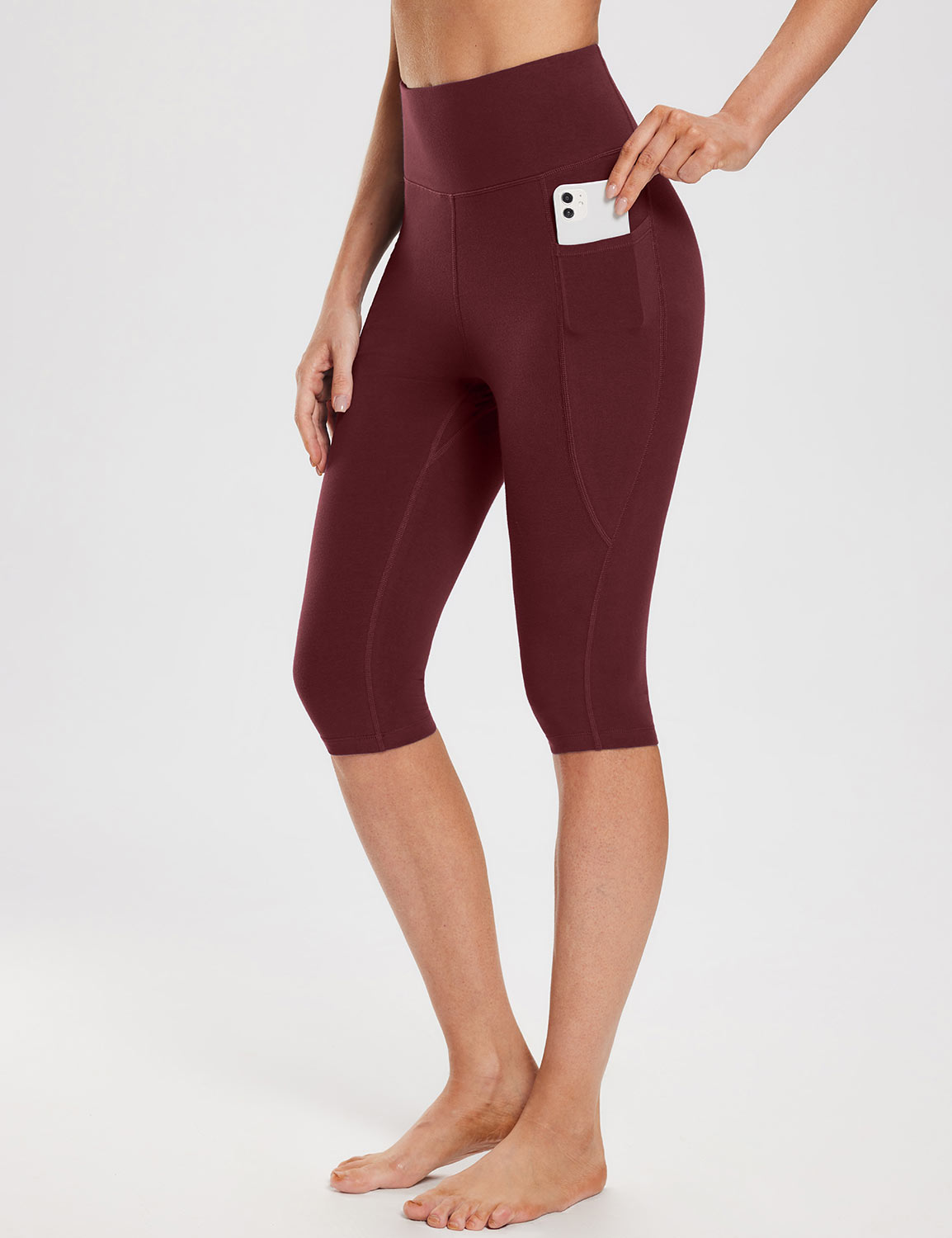 #Baleaf Women's High Rise Knee-length Pocketed Capris Chocolate Truffle with Phone Pocket